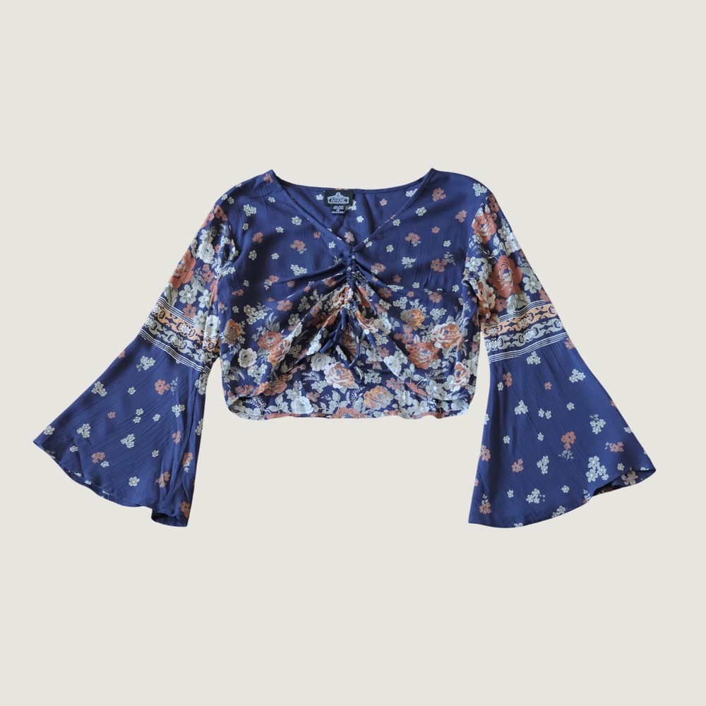Angie Floral Crop Top Womens Blue Bell Sleeve Boho Festival Medium Blouse